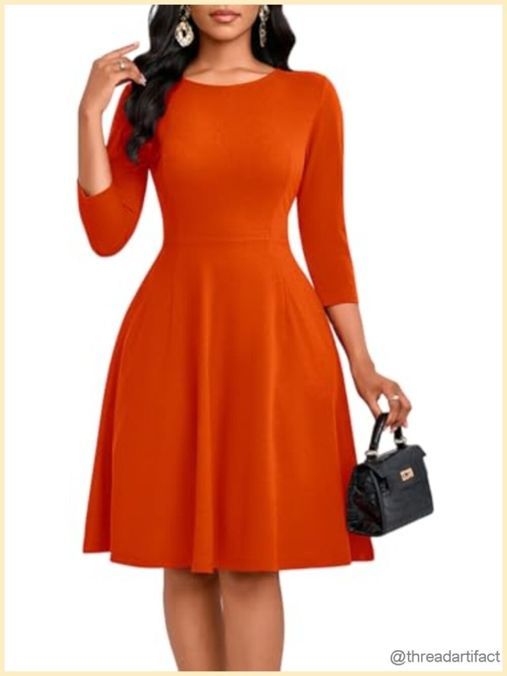 Long Sleeve Midi Dress A-Line Empire Waist Crew Neck Flowy Swing Dress